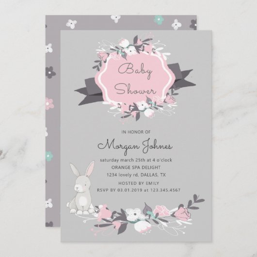 Frühlingshasen Blütendusche Kinderdusche Einladung (Vorne/Hinten)