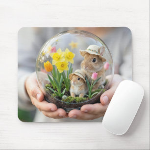 Frühlingshasen in einem von Kinderhand gehaltenen Mousepad