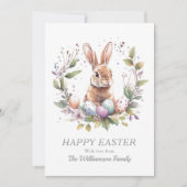 Frühlingshasen Ostereier Kranz Personalisiert Feiertagskarte (Vorderseite)