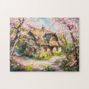 Frühlingshäuschen mit blühenden Obstbäumen Puzzle