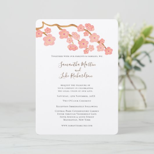 Frühlingshochzeit Sakura Kirchenbaum Einladung (Stehend Vorderseite)