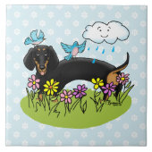 Frühlingshund Dackel (schwarz und braun) Niedlich Fliese (Vorderseite)