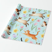 Frühlingskatzenparade – Springende Katzen & Blüten Geschenkpapier (Ungerollt)
