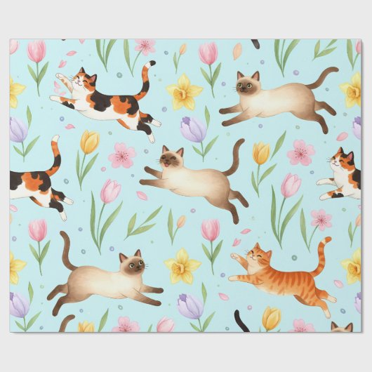 Frühlingskatzenparade – Springende Katzen & Blüten Geschenkpapier (Flach)
