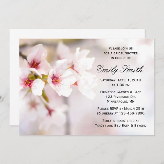 Frühlingskirsche blüht rosa Weißes Brautparty Einladung (Vorne/Hinten)