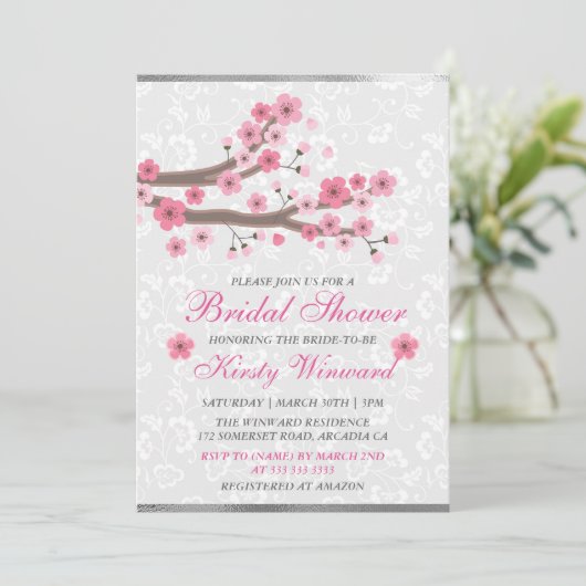Frühlingskirsche blüht Silver Foil Brautparty Einladung (Stehend Vorderseite)