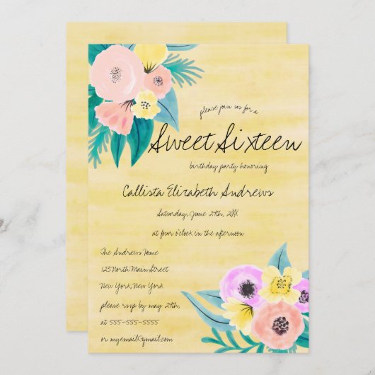 Frühlingskorallen Gelbe Flora Wasserfarbe Süß 16 Einladung (Vorne/Hinten)