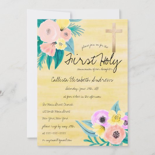 Frühlingskorallen Gelbe Flora Wasserfarbenkommunat Einladung (Vorderseite)