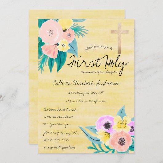 Frühlingskorallen Gelbe Flora Wasserfarbenkommunat Einladung (Vorne/Hinten)