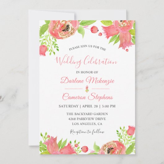 Frühlingskorallen Rosa Blumengarten Wasserfarben H Einladung (Vorderseite)