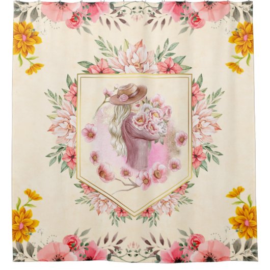 Frühlingskunst, Lady mit Bouquet Duschvorhang (Vorderseite)