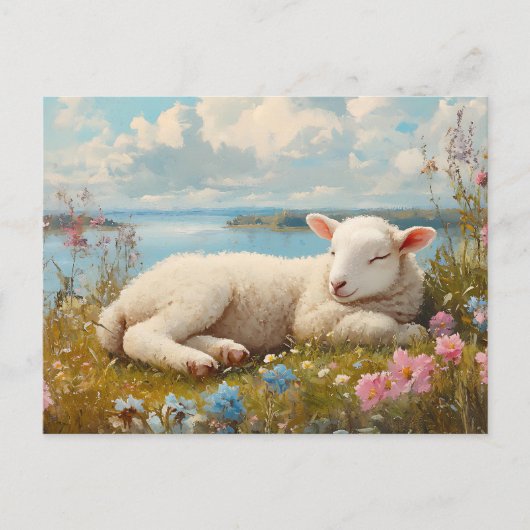 Frühlingslamm Schlafen in Wildblume Wiese Postkarte (Vorderseite)