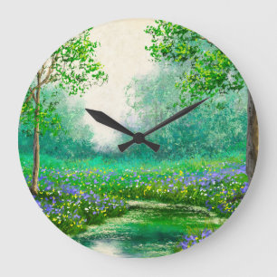 Frühlingslandschaft Ölmalerei, Wald. Große Wanduhr