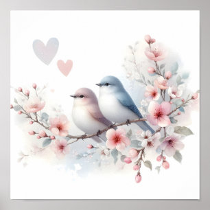 Frühlingsliebe Vögel Kirschblüten Floral Poster