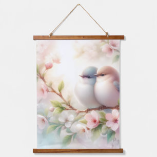 Frühlingsliebesvögel Kirschblüten Floral Wandteppich Mit Holzrahmen