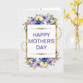 Frühlingslila Blumen & Gold Glitter Muttertag Karte (Gelbe Blume)