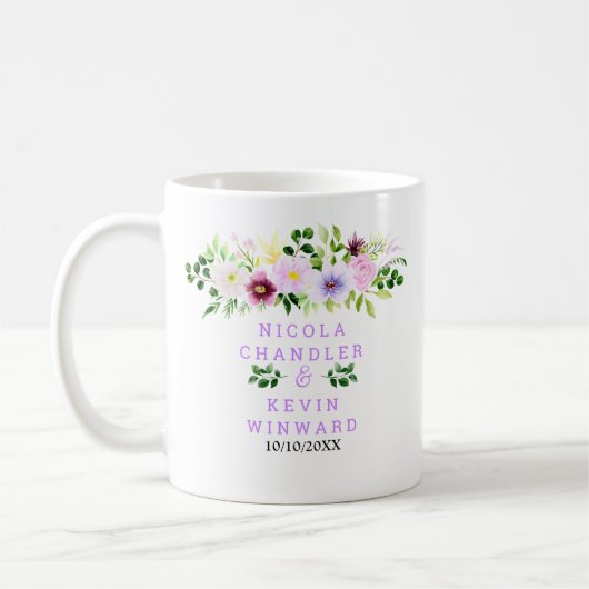 Frühlingslila Blumen mit Laub Hochzeit Kaffeetasse (Links)