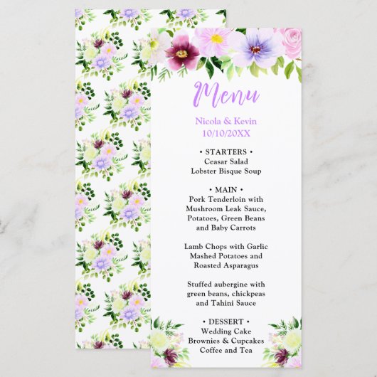 Frühlingslila Blumen mit Laub Menükarte (Vorne/Hinten)