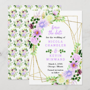 Frühlingslila Blumen mit Laub Save The Date