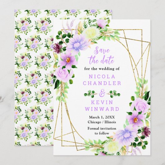Frühlingslila Blumen mit Laub Save The Date (Vorne/Hinten)