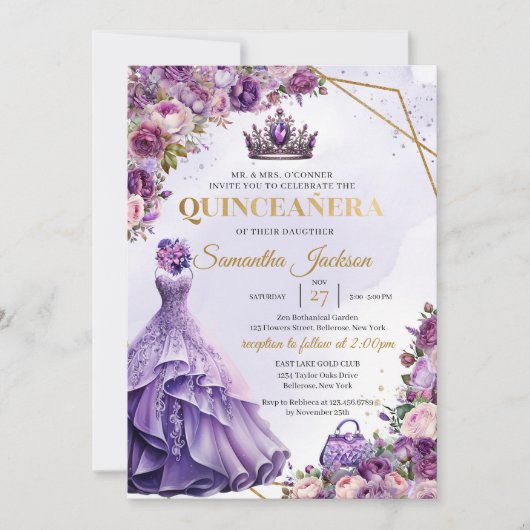 Frühlingslila Blumen Prinzessin Kleid Quinceanera Einladung (Vorderseite)