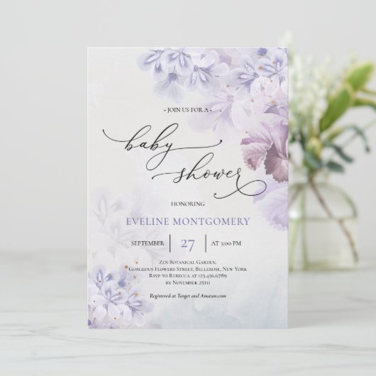 Frühlingslila Blumen staubblaubraune Babydusche Einladung (Stehend Vorderseite)