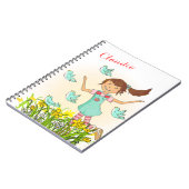 Frühlingsmädchen, das Vogelkindernotizbuch jagt Notizblock (Linke Seite)