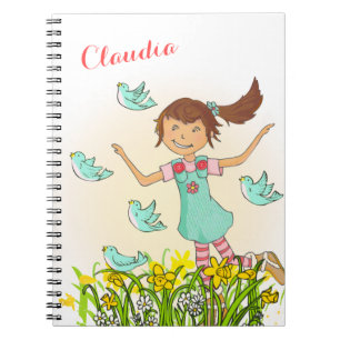 Frühlingsmädchen, das Vogelkindernotizbuch jagt Notizblock