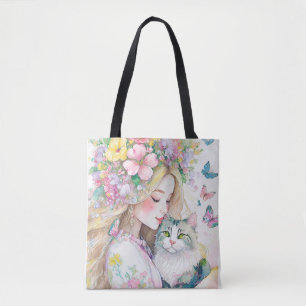 Frühlingsmädchen mit Blumen und Katze Tasche