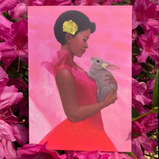 "Frühlingsmädin mit Kaninchen." Grußkarte Karte