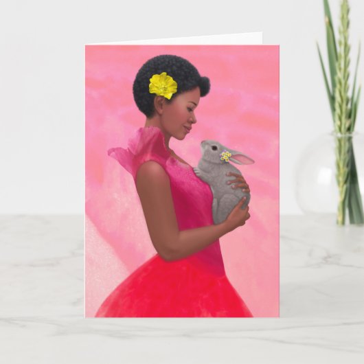 "Frühlingsmädin mit Kaninchen." Grußkarte Karte (Vorderseite)