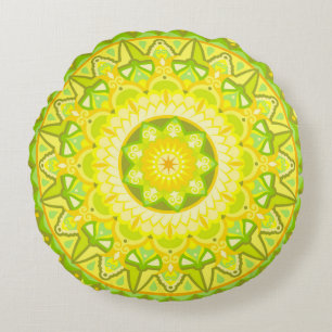 Frühlingsmandala Grün Gelb Boho Floral Rundes Kissen