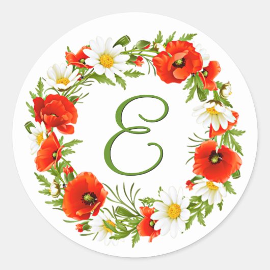 Frühlingsmohn Gänseblümchen Monogramm Kranz Runder Aufkleber (Vorderseite)