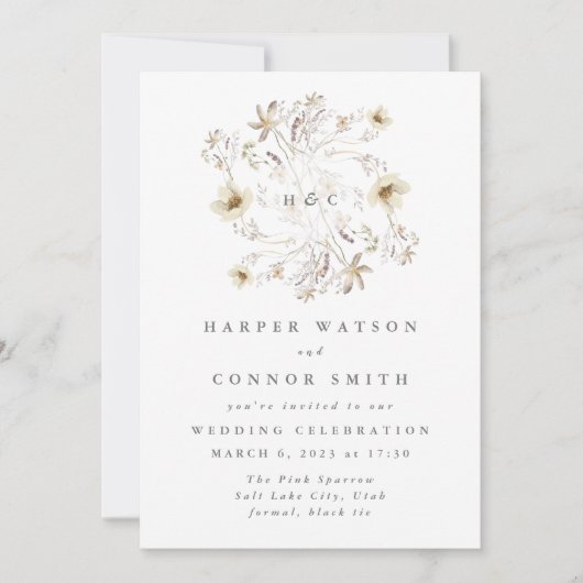Frühlingsmonogramm Elegante Wildblume Floral Einladung (Vorderseite)