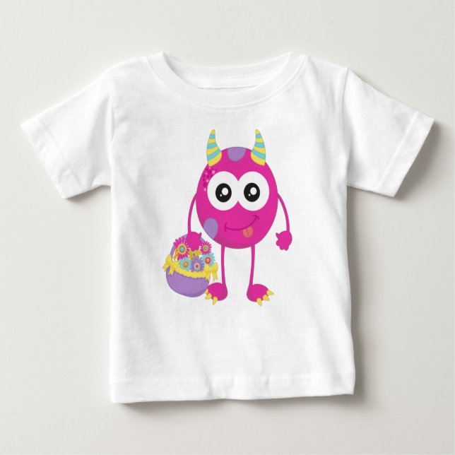 Frühlingsmonster, rosa Monster, Hörner, Blume Baby T-shirt (Vorderseite)