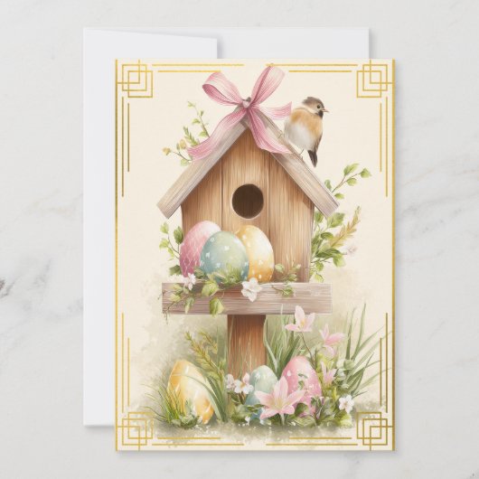 Frühlingsnest – Oster-Vogelhaus Freude Karte (Vorderseite)