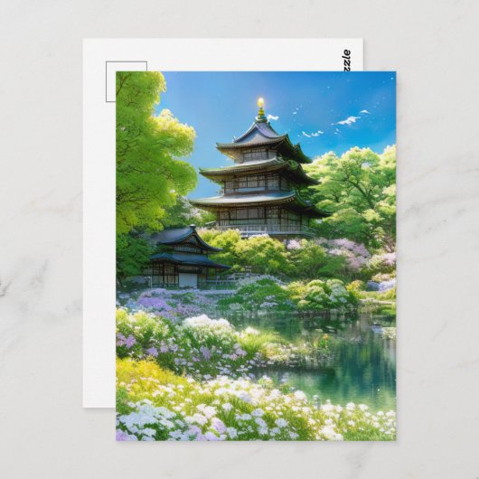 Frühlingsoase, Holzpagode Postkarte (Vorne/Hinten)