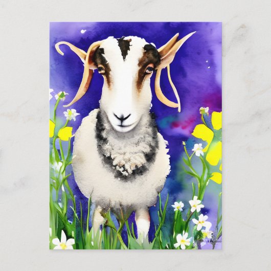 Frühlingsoster Jacob Sheep Floral Aquarell Postkarte (Vorderseite)