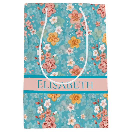 Frühlingspark Türkisblaue Kirschblüten und Streife Mittlere Geschenktüte (Vorderseite)