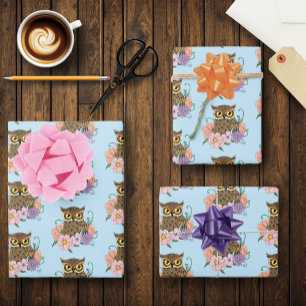 Frühlingspastel Blume Owl Geschenkpapier Set