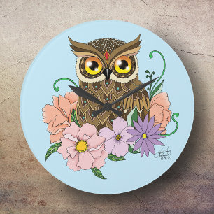 Frühlingspastel Blume Owl Große Wanduhr