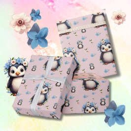 Frühlingspinguine mit Blume in Rosa Geschenkpapier