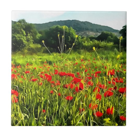 Frühlingspopole Wiese und Bergwelt Fliese (Vorderseite)