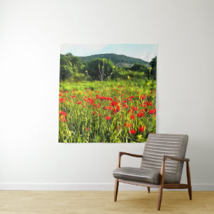 Frühlingspopole Wiese und Bergwelt Wandteppich