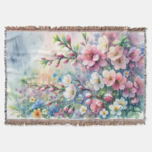 Frühlingsregen-Blüten-Aquarell-Cottagecore Decke