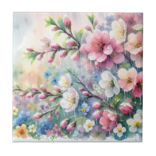 Frühlingsregen-Blüten-Aquarell-Cottagecore Fliese