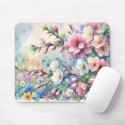 Frühlingsregen-Blüten-Aquarell-Cottagecore Mousepad (Mit Mouse)