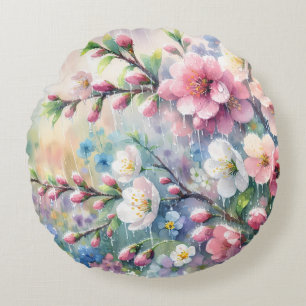 Frühlingsregen-Blüten-Aquarell-Cottagecore Rundes Kissen