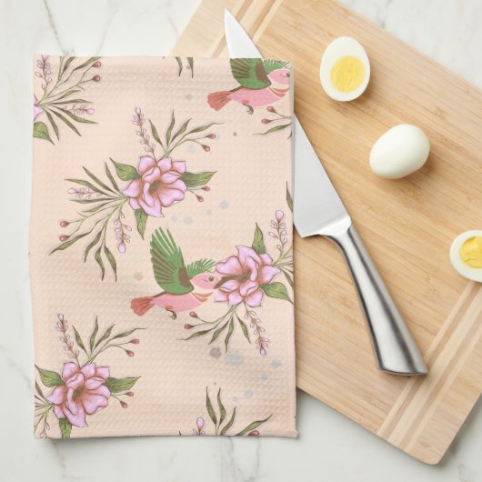 Frühlingsrosa Blossom mit Vogelmuster Geschirrtuch (Viertel Falte)