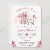 Frühlingsrosa Blumenkörbe und Niedliches Lamm-Baby Einladung (Vorderseite)